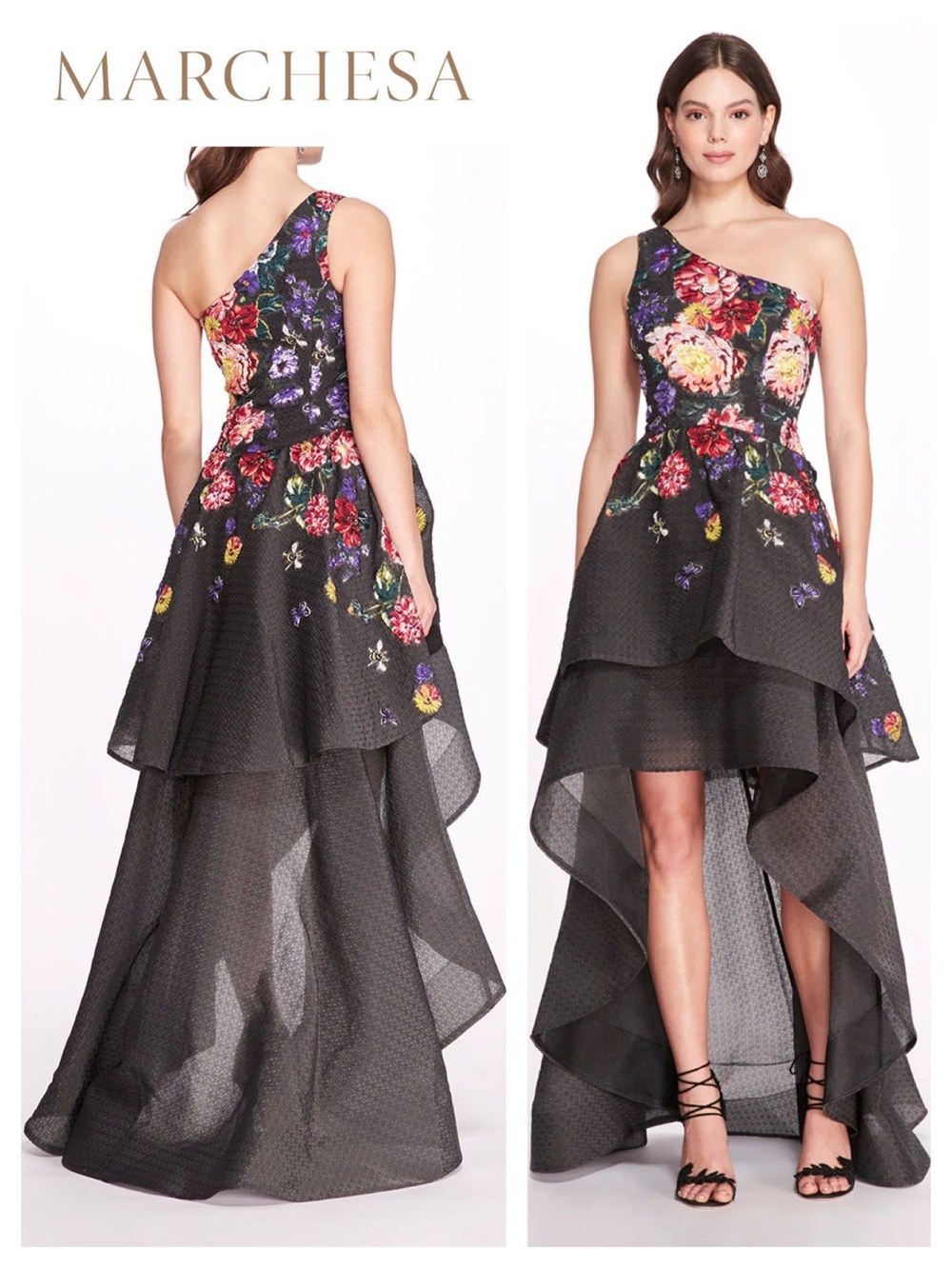 MARCHESA NOTTE One Shoulder Floral Gown